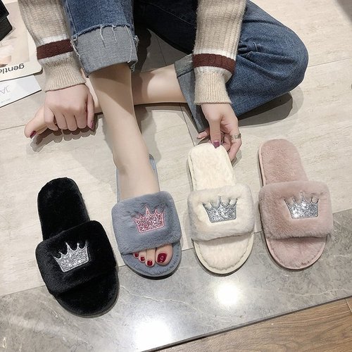 Women's furry slippers autumn and winter new style indoor and outdoor flip-flops cotton slippers flat bottom crown warm casual women's shoes wholesale