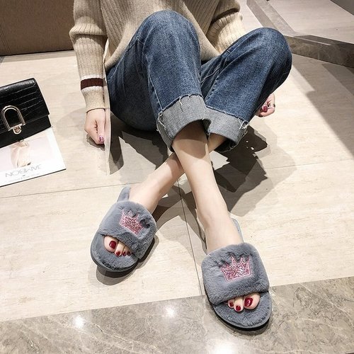 Women's furry slippers autumn and winter new style indoor and outdoor flip-flops cotton slippers flat bottom crown warm casual women's shoes wholesale