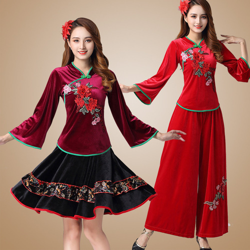 2020 autumn and winter new square dance clothing gold velvet suit middle-aged and elderly ethnic style Yangko fan dance clothing 921
