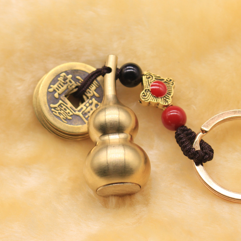 純銅五帝銭キーホルダー真鍮ひょうたんストラップ中空福禄自動車ペンダント純銅観光地露店装飾