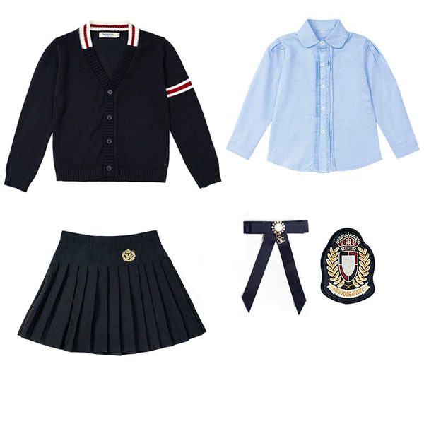 Cardigan, sweater, shirt, pleated skirt