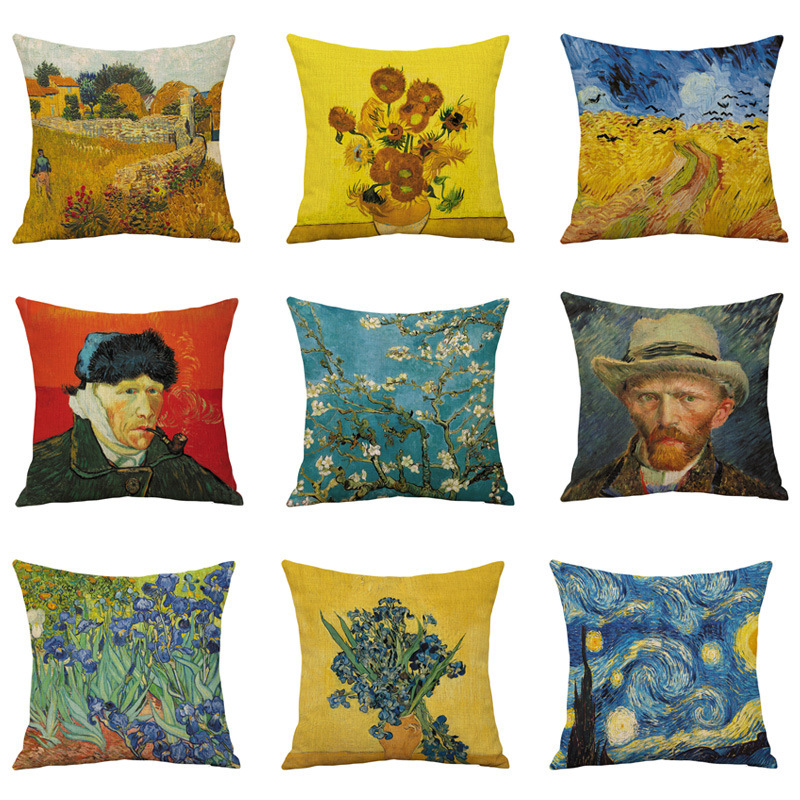 Creative Van Gogh Oil Painting Printed Cotton and Linen Pillow Case Scandinavian Sofa Pillow Car Cushion Can Be Customized for Furniture Pillow