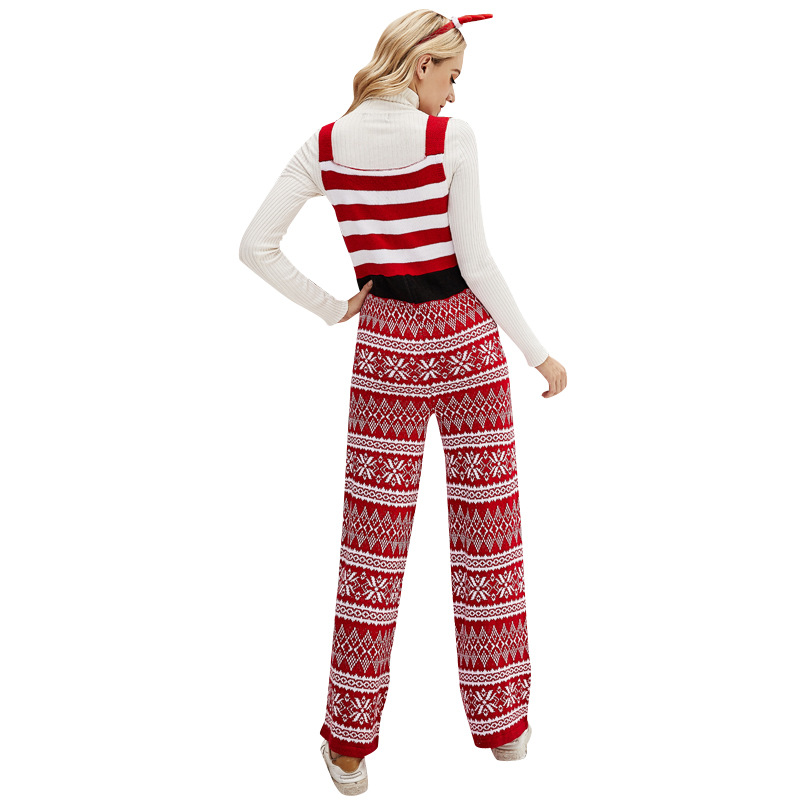 Women's Clothing autumn and winter Christmas wear knitted overalls pants loose Christmas snowflake knitted jumpsuit_voghion.com