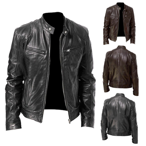 Men's Leather Jacket, American and European Style, Stand-up Collar Punk Men's Motorcycle Leather Jacket, Logo Added