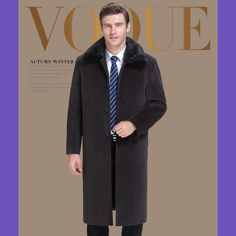 秋冬中长款双面羊绒毛呢大衣中老年男士大码风衣兔毛领羊毛妮外套