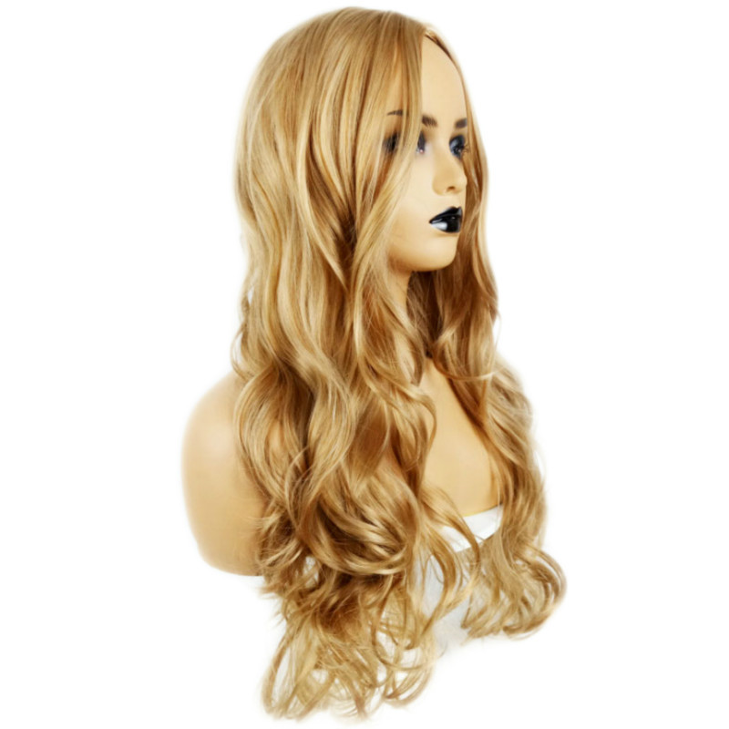 Fábrica al por mayor Peluca de fibra química europea y americana al por mayor de las mujeres de pelo largo rizado medio teñido mate alta temperatura seda en stock