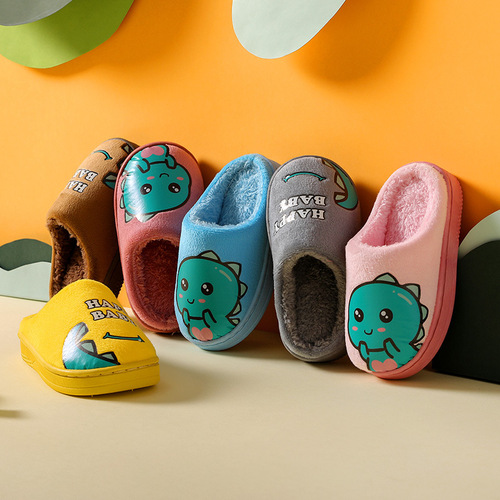 New 3-10 Age Children's Cotton Slippers Cartoon Dinosaur Home Indoor Anti-Slip Thick Sole Floor Shoes for Boys and Girls