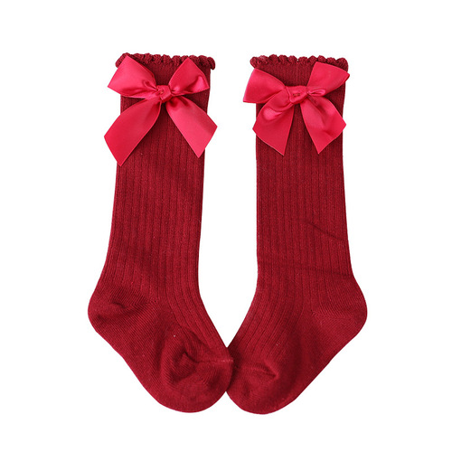 Girls' Socks Bow Mid-Tube Socks Spring and Autumn New Baby Japanese Solid Color Class A Cotton Socks Children's Socks Wholesale
