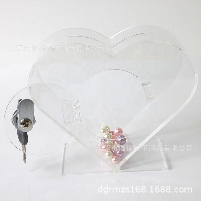 批发透明有机玻璃亚克力硬币收纳箱亚克力心形带锁捐款箱/意见箱