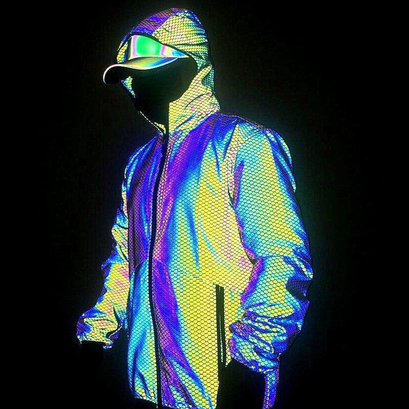 2024 Autumn and Winter Cross-Border Amazon Fashion Fish Scale Pattern Colorful Reflective Jacket Men's Casual Colorful Luminous Jacket