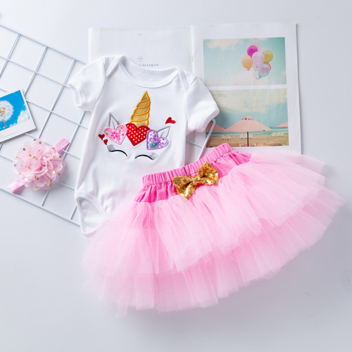 Baby pure cotton short-sleeved khaki with exquisite embroidery letters 1st birthday suit Valentine's Day clothing mesh princess dress