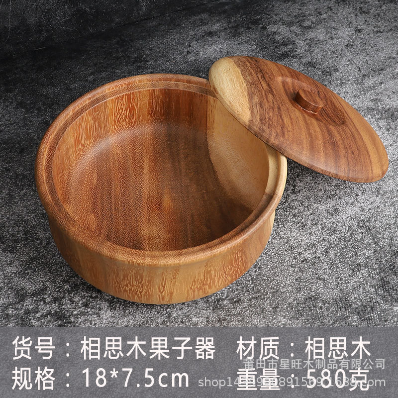 Suministro directo de fábrica madera maciza japonés y coreano tazón de fideos instantáneos fruta de excavación de madera entera con tapa madera de acacia tazón grande redondo en stock
