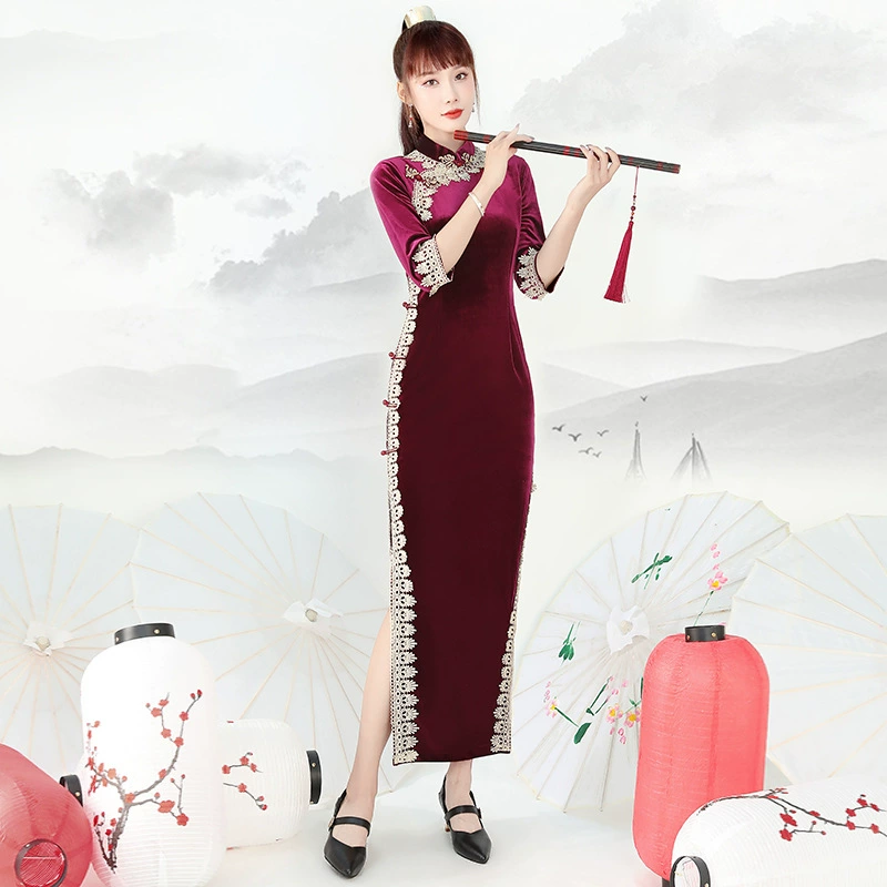 [Tang Mengyu] Новый длинный Чонсам с кружевным однослойным чонсам