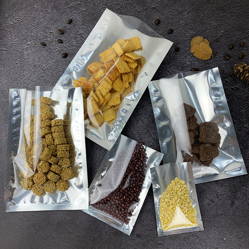 Spot aluminized Yin and Yang bag three side seal aluminum foil flat bag dog food flour dried fruit translucent food packaging bag