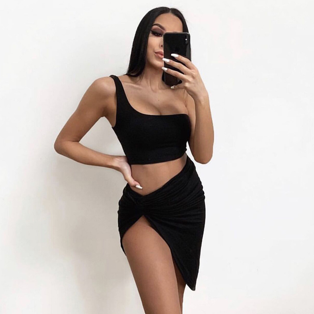 Spring Women's Two Piece Set Dress American Style One Shoulder Crop Top Sexy Casual Elegant Fashion Thin Suitable For Summer_ecoleips.com