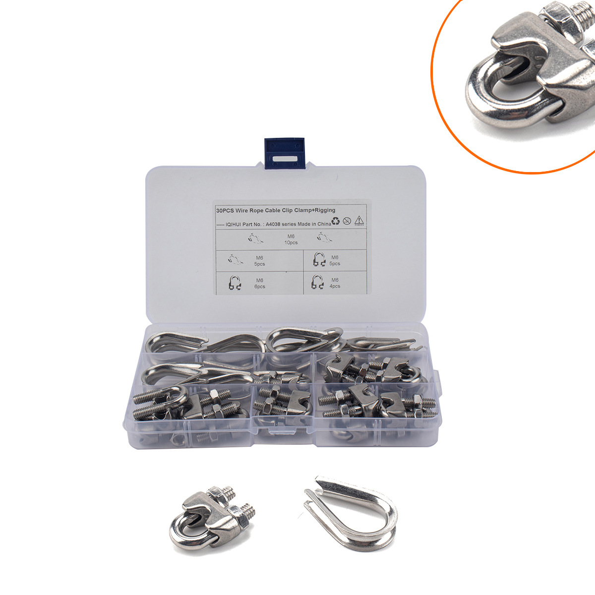 外贸货源 30只盒装-M6不锈钢304钢丝绳夹头猫爪配三角管式套环