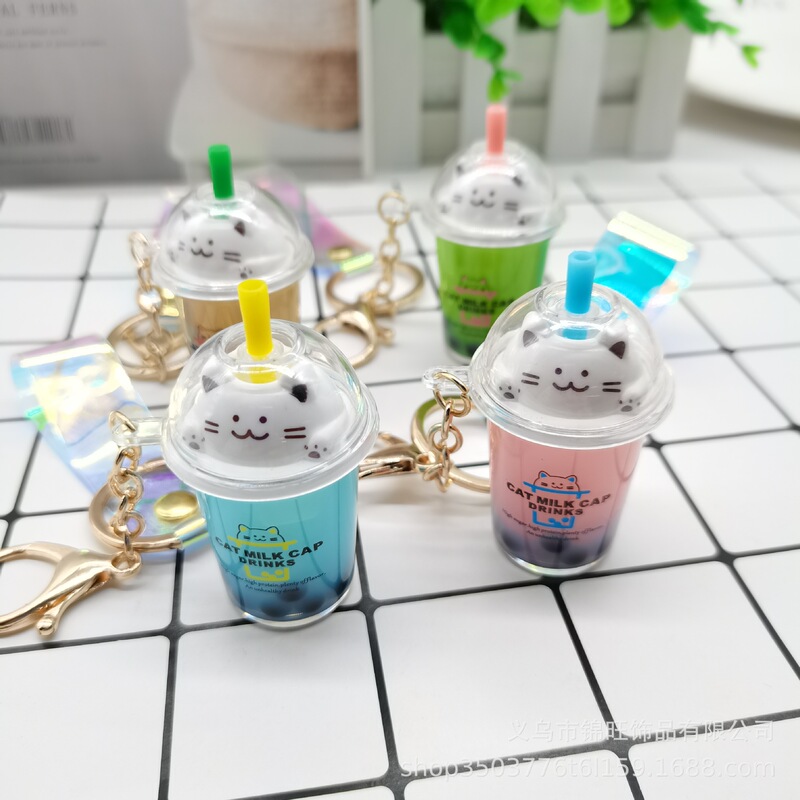 Chuangyi Lingshang Bring in Wealth and Treasure Cat Oil Pearl Milk Tea Cup Keychain Pendant Bag Gift Manufacturing Factory