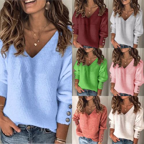 European and American autumn and winter new fashionable women's clothing hot color all-matching knitted V-neck loose long-sleeved T-shirt