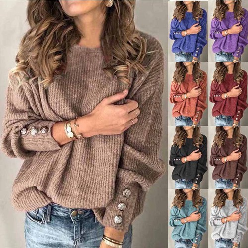 2025 Amazon Wish European and American Cross-Border Best-Selling Women's Fashion Long-Sleeved Crew-Neck Knitted Sweater Top T-Shirt