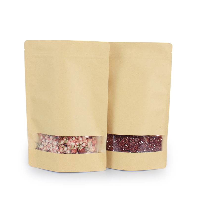 En stock HD ventana bolsa de papel Kraft autoadhesiva bolsa sellada bolsa de té bolsa de aperitivos bolsa de envasado de alimentos al por mayor