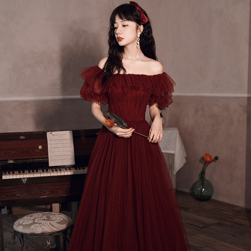 Cross-Border Wholesale Burgundy Bridal Toast Dress 2026 Wedding Dress Long One-Shoulder Slimming Maternity Toast Dress