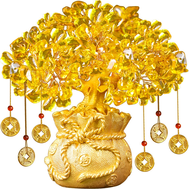 Crystal Money Tree Ornament, Citrine-Style Fortune Tree, Resin Base, 17 × 9 × 9 cm