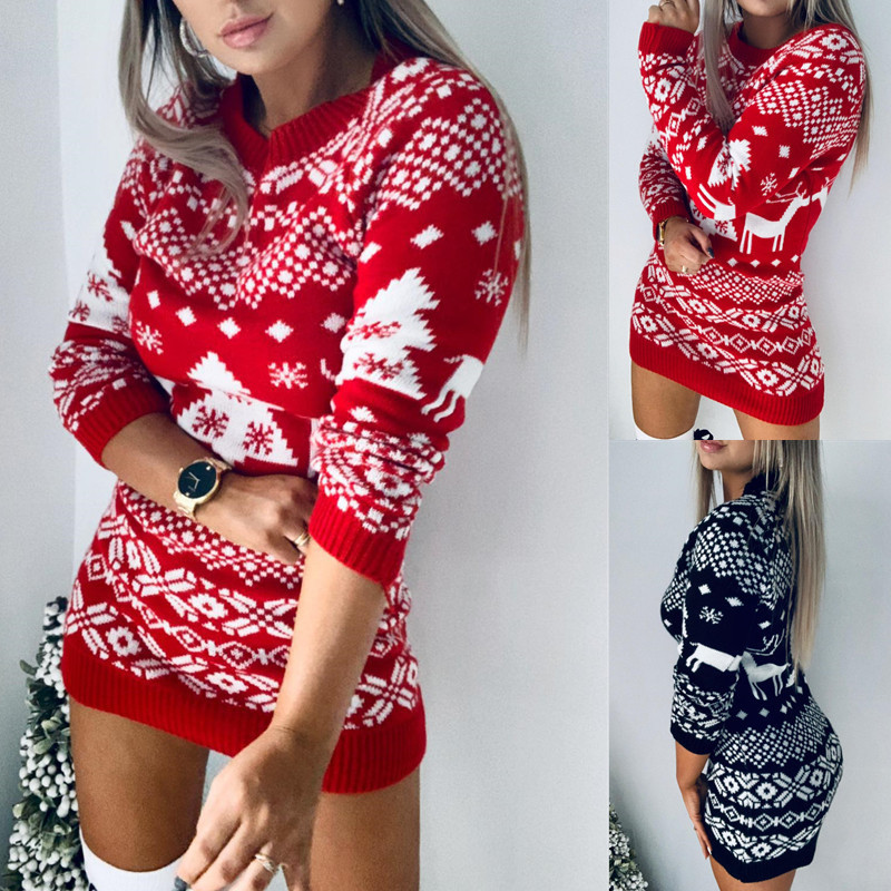 2020 New Autumn and Winter Knitted Sweater for Women Amazon European and American Versatile Christmas Theme Knitted Long-Sleeved Dress