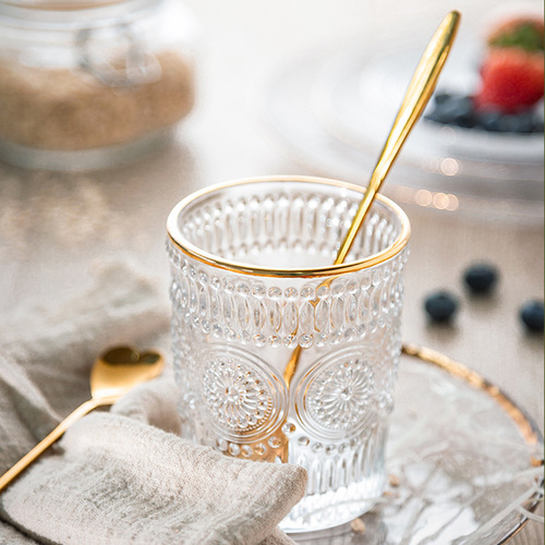 Vintage gold-edged sunflower embossed round glass cups, household 6-piece gold-trimmed glass cups