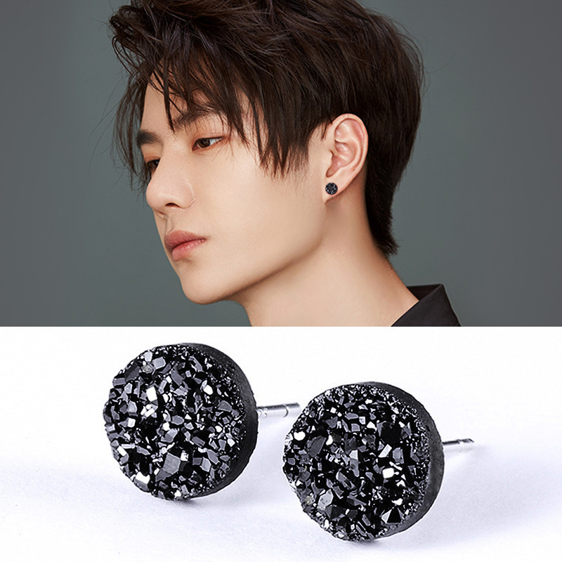 Silver Needle Earrings for Men, Trendy Black Single Korean Men's Simple Stylish Elegant Crystal Cluster Popular Student Women's Earrings