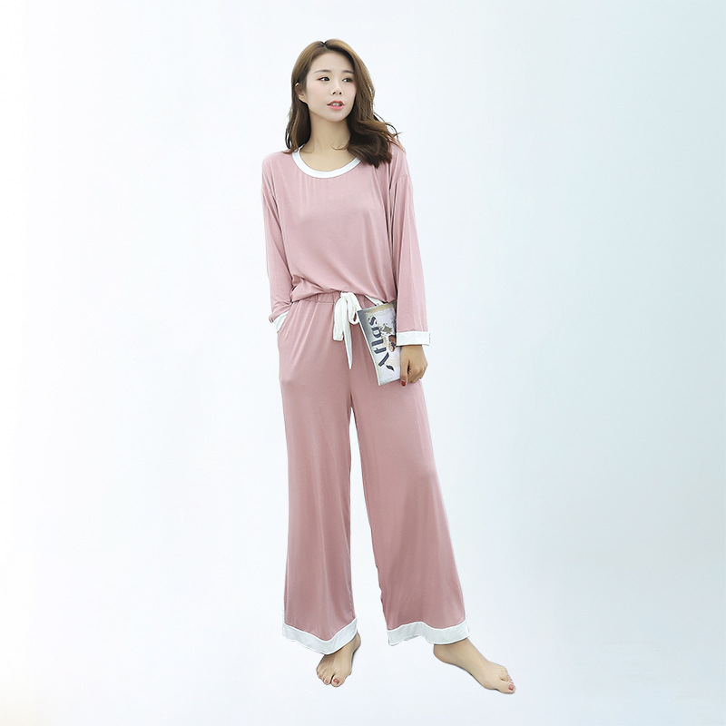 Primavera y otoño modal gordito chica cuello redondo manga larga contraste color Pantalones anchos traje casual mujer de dos piezas homewear