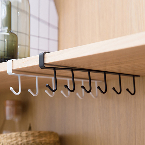 Kitchen six-in-a-row cabinet hooks, nail-free storage rack, creative metal iron kitchen utensil shelf, organizer bracket