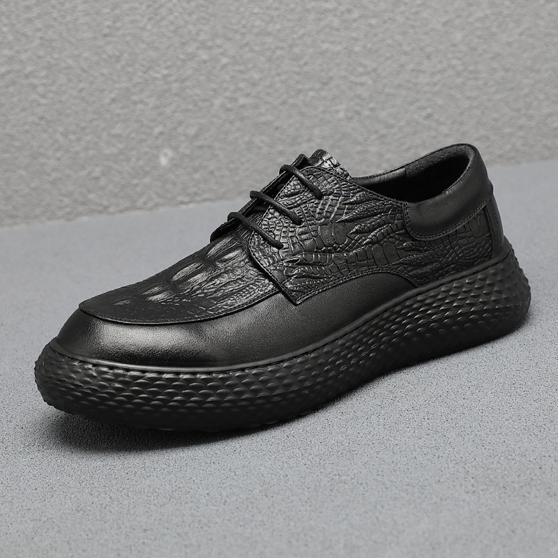 Повседневная обувь из натуральной кожи, Мужская универсальная британская деловая обувь в Корейском стиле с крокодиловым узором, толстые черные мужские кроссовки от Интернет-знаменитостей