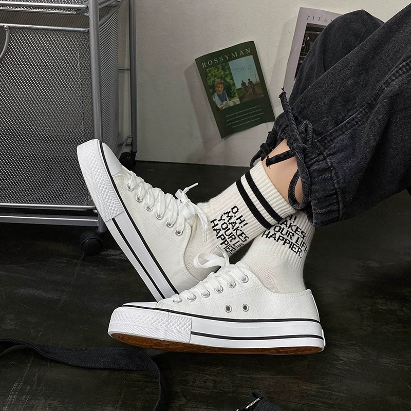 Low-top canvas sneakers, unisex, Korean style, spring/fall, white accent