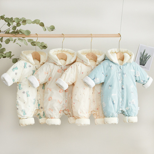 Newborn Baby Bodysuit with Hooded Outerwear, Quilted, Cotton, for Winter, with Enhanced Warmth, for Crawling and Dressing