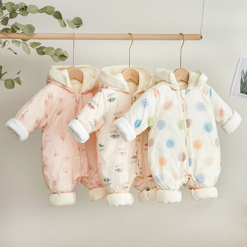Newborn Baby Bodysuit with Hooded Outerwear, Quilted, Cotton, for Winter, with Enhanced Warmth, for Crawling and Dressing