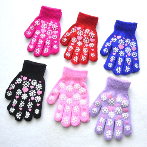Children's Winter Warm Knitted Gloves for Primary School Students, Outdoor Sports Cold Protection, Snowflake and Small Heart Pattern Printing