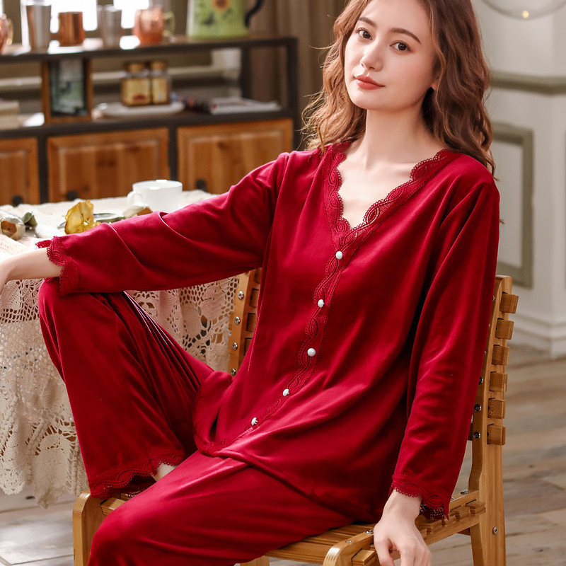 2025 Simple and Casual Island Fleece Lace Pearl Buckle Set Thickened Fleece Home Clothing Korean Version Can Be Wear Outside