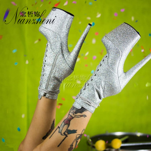 Glitter Sequins Low Barrel Ankle Boots 20cm Hate Sky High Stiletto Heel Platform Large Size Nightclub Pole Dance High Heels Women's Boots