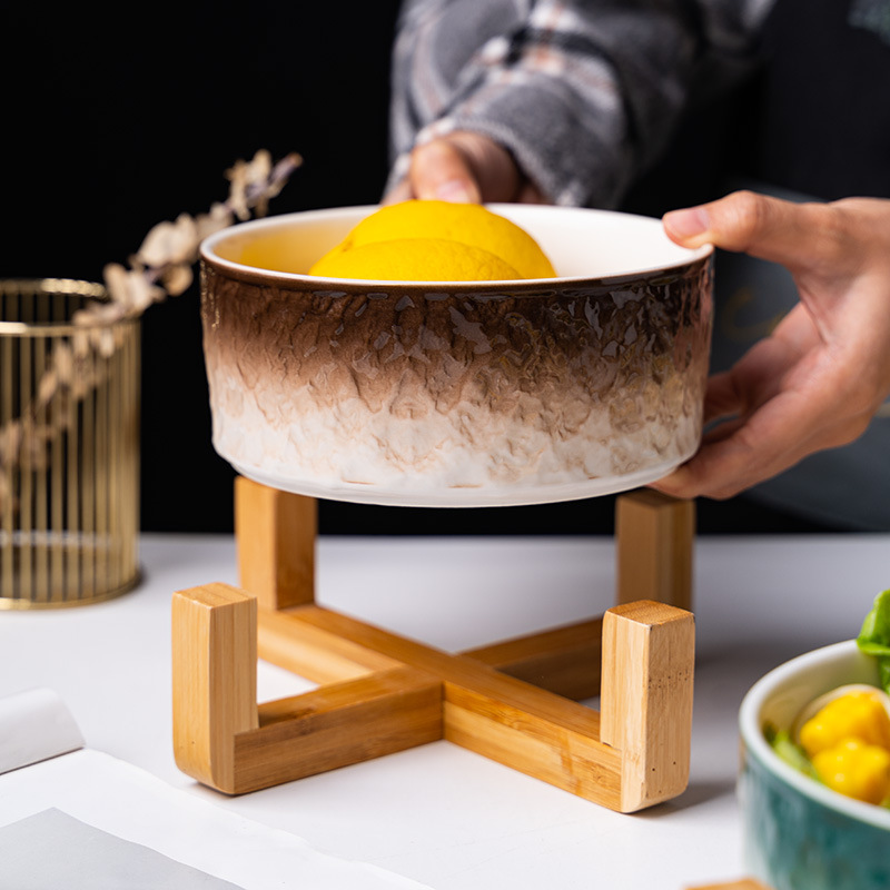 INS Nórdico creativo patrón de piedra tazón de cerámica Hogar personalizado tazón de sopa tazón de fideos instantáneos con estante de madera tazón de ensalada de frutas vajilla