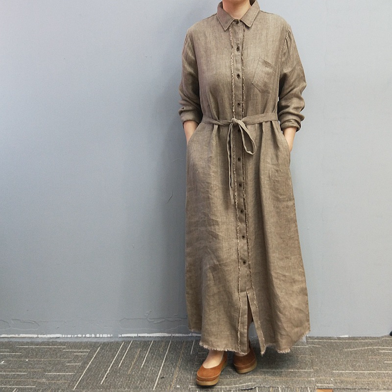 D9571 Women's Twill Sand Washed Ramie Old Dirty Dyeing Nostalgic Style Mid-Length Windbreaker Cardigan Jacket