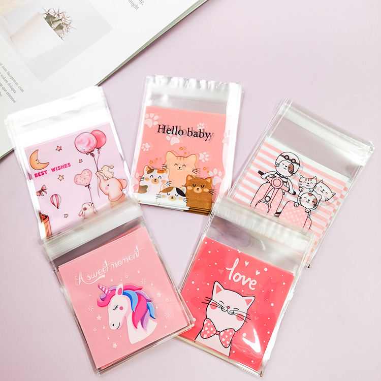 Bolsa autoadhesiva de dibujos animados para hornear embalaje bolsa de autosellado bolsa de galletas bolsa de bocadillos bolsa de dulces 7*7 + 3/100 piezas