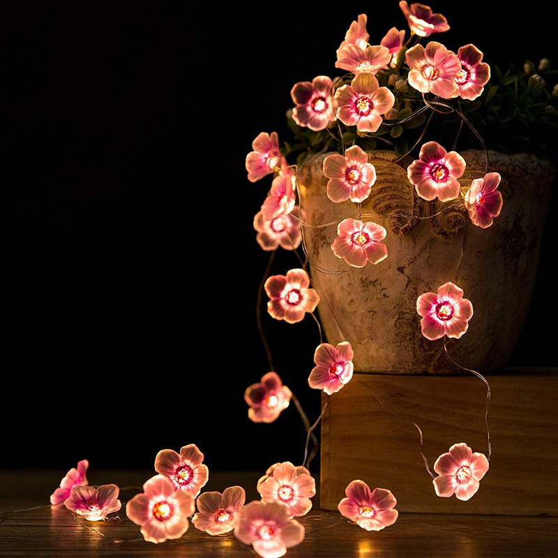 Flor de melocotón lámpara LED batería luz cadena al aire libre ciruela flor jardín decoración flor forma de flor intermitente lámpara melocotón lámpara de cadena lámpara de alambre de cobre