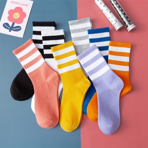 Three stripes sports socks Korean style black and white striped cotton mid-length socks striped Korean style college style ins trend
