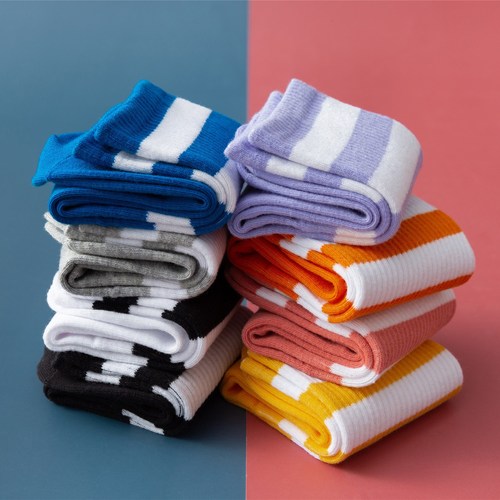Three stripes sports socks Korean style black and white striped cotton mid-length socks striped Korean style college style ins trend