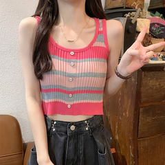 夏季復古撞色條紋背心吊帶女裝2023年新款辣妹緊身無袖上衣小個子