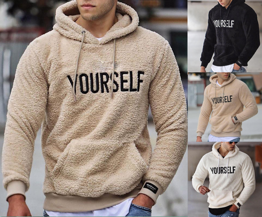 Abbigliamento maschile nuovo autunno e inverno uomo pelliccia cappuccio ricamato colletto tinta unita tasca applicata manica lunga felpa termica_voghion.com