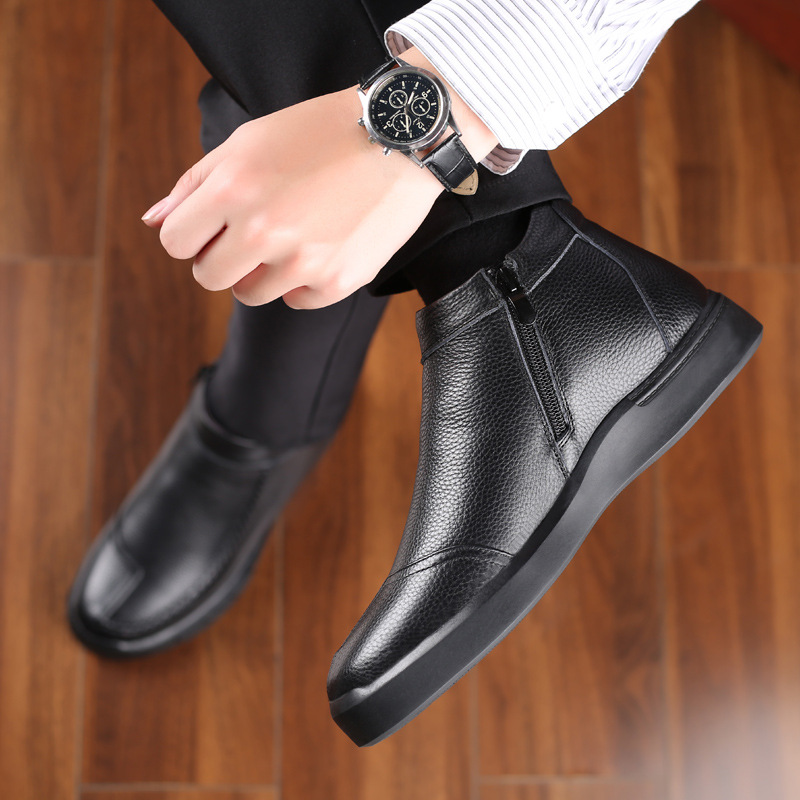 Invierno primera capa de piel de vaca lana de los hombres zapatos de algodón de cuero genuino forrado de lana caliente zapatos de los hombres de mediana edad y ancianos papá zapatos de cuero suave de los hombres