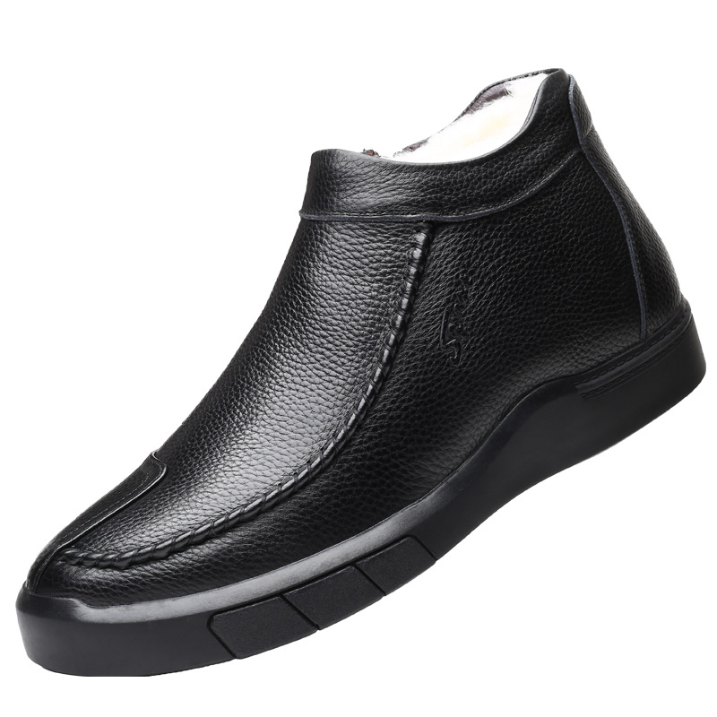 Invierno primera capa de piel de vaca lana de los hombres zapatos de algodón de cuero genuino forrado de lana caliente zapatos de los hombres de mediana edad y ancianos papá zapatos de cuero suave de los hombres