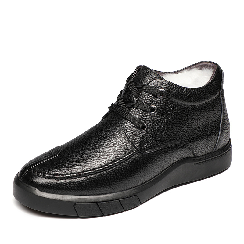 Invierno primera capa de piel de vaca de lana zapatos de algodón de los hombres de cuero genuino forrado de lana caliente papá zapatos de los hombres de alta superior casual zapatos de cuero de los hombres