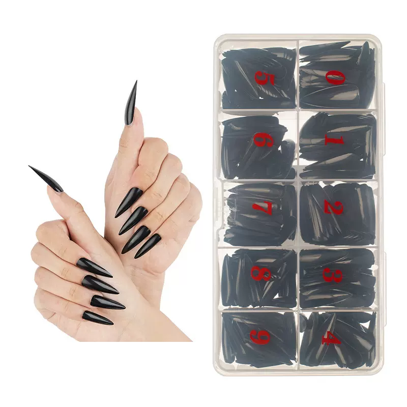 500片盒装全贴纯色透明细尖头假指甲长款彩色stiletto美甲甲片
